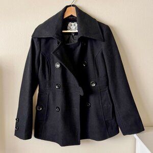 ESPRIT BLACK DOUBLE-BREASTED WOOL BLEND FITTED PEACOAT - SIZE M